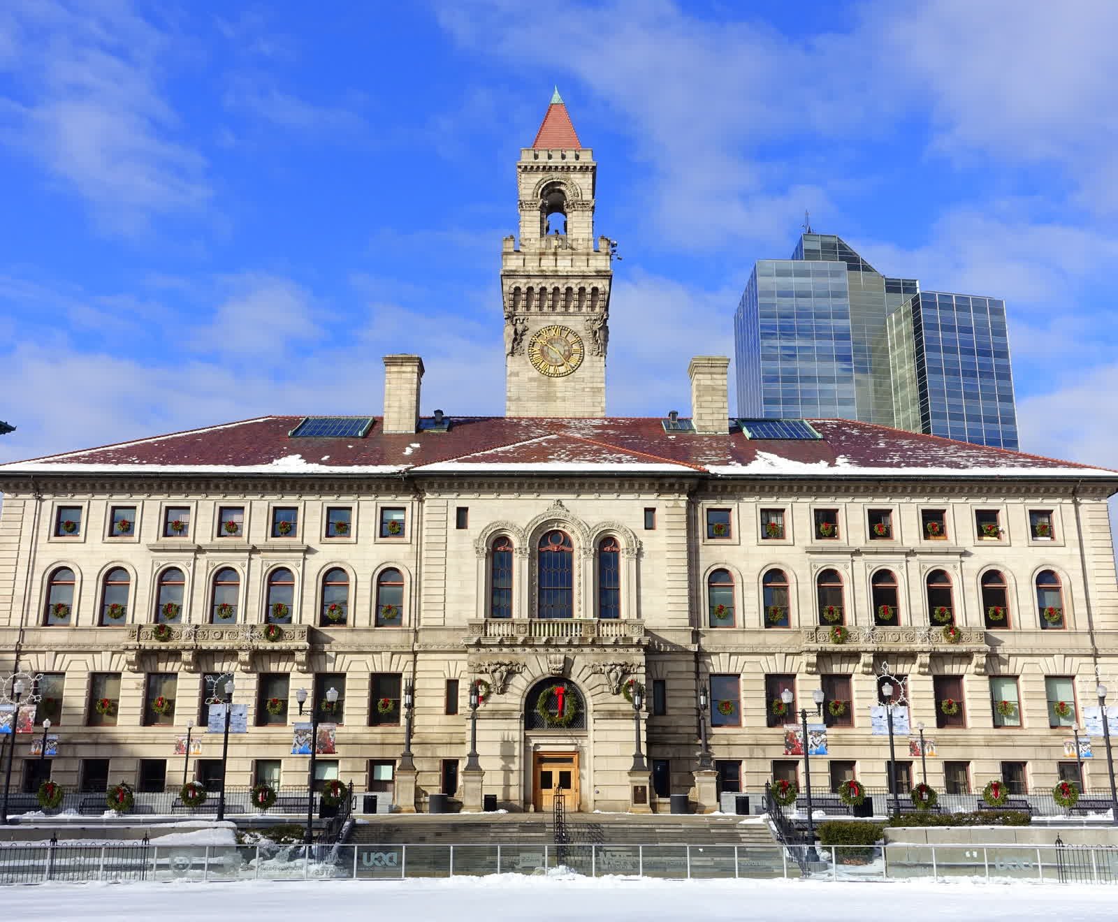 Worcester City Hall on the Common, with downtown behind it