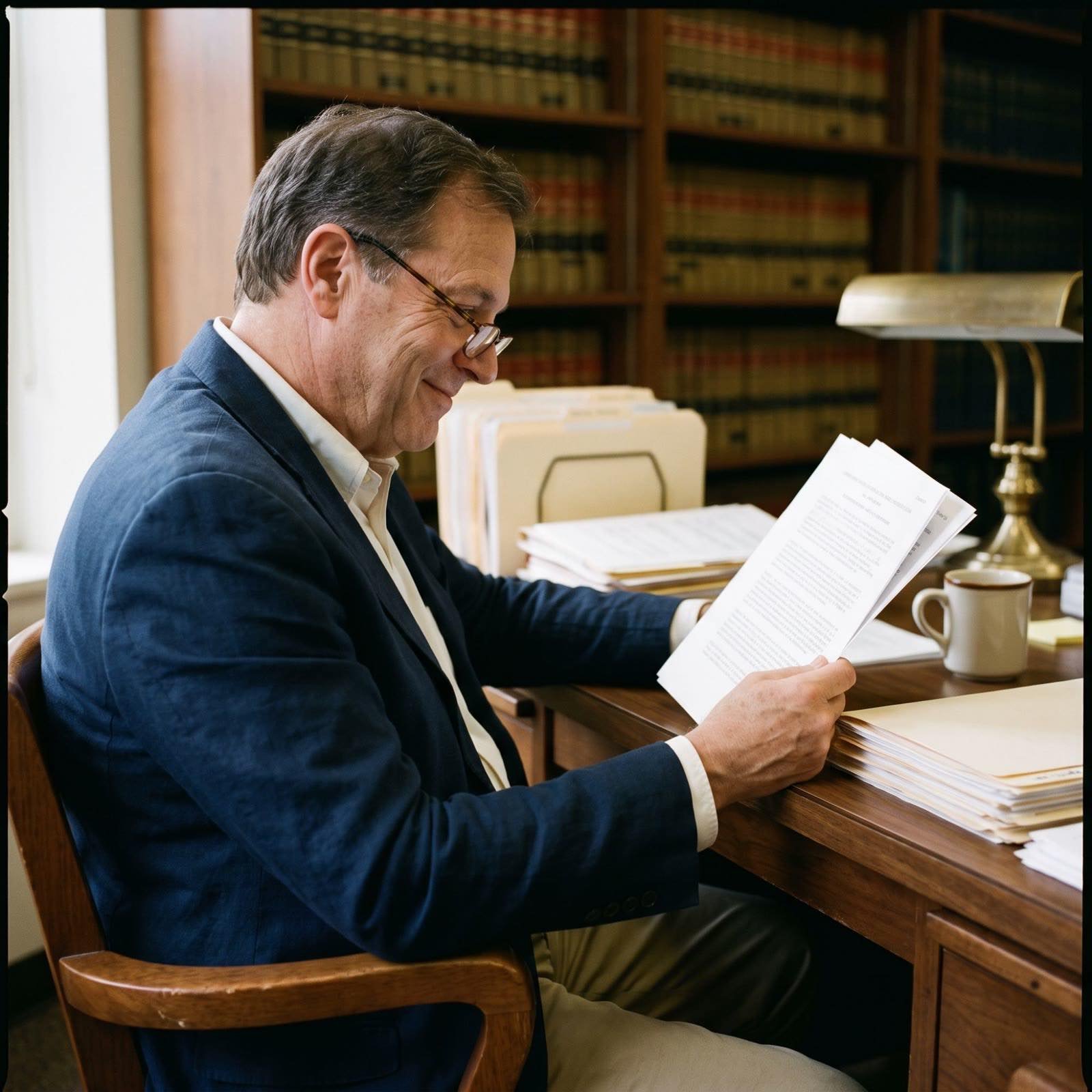 An attorney reading a printed performance report at his desk